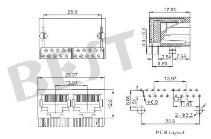 RJ45插座5621 10P8C 1X2參考圖紙 RJ45插座5621 10P8C 1X2參考圖紙