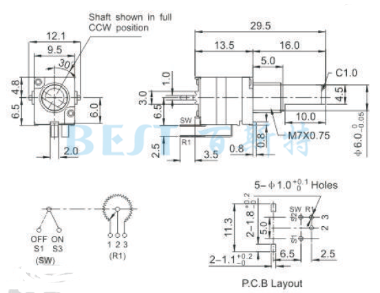 電位器RV9312NS參考圖紙 電位器RV9312NS參考圖紙